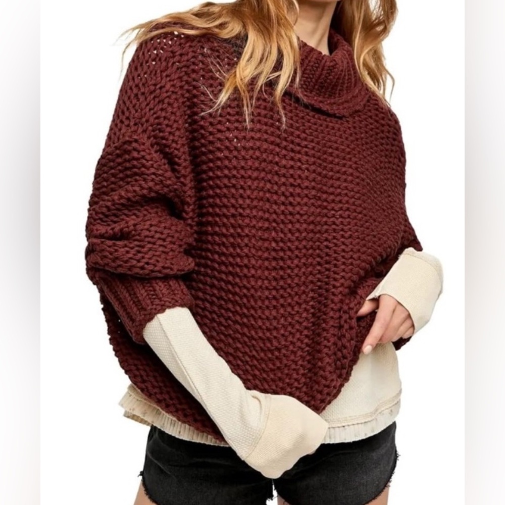 FREE PEOPLE Chunky Sweater Sz XS Mock Neck Maroon Burgundy My Only Sunshine